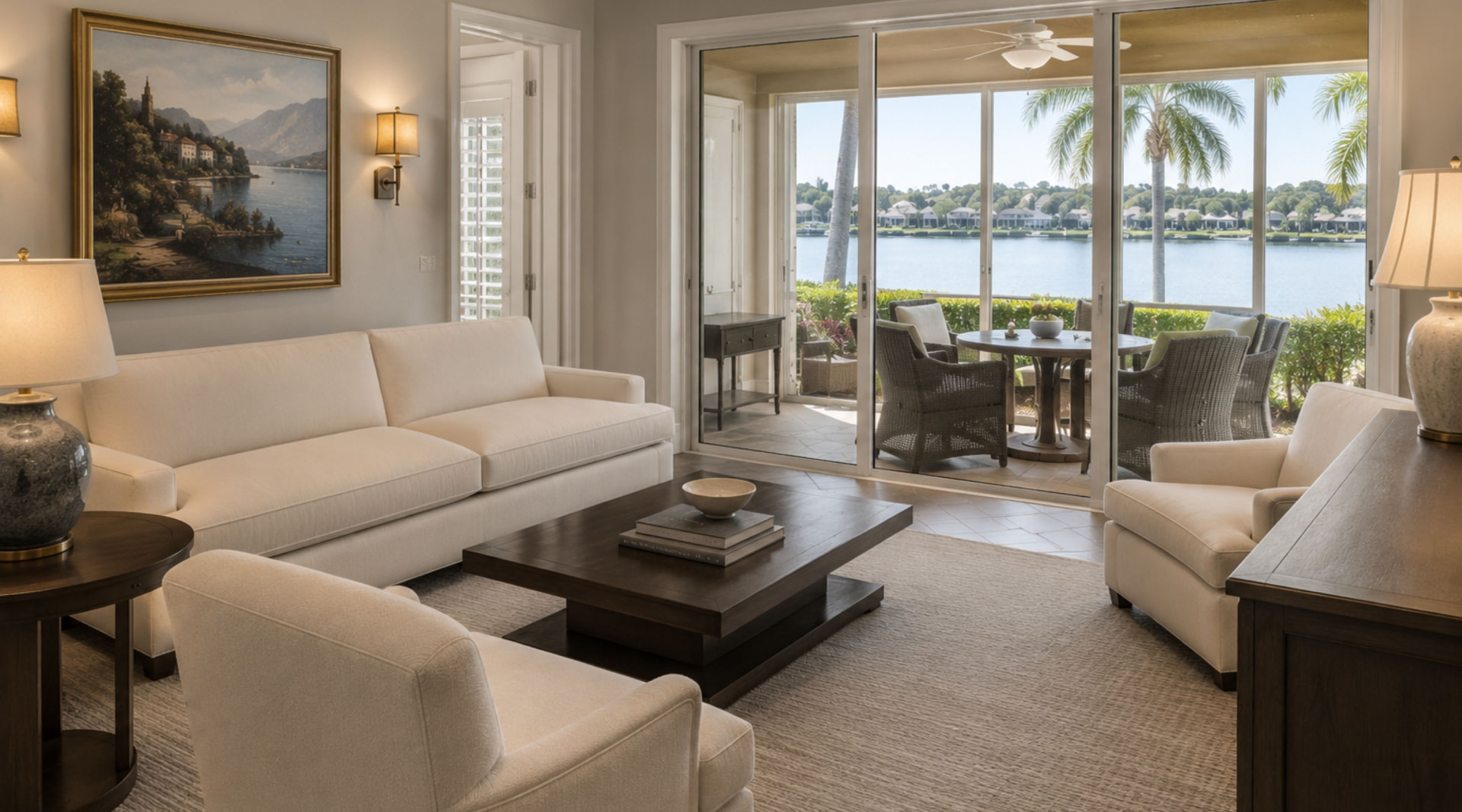 Elegant estate living room with waterfront balcony access, comfortable seating, and soft natural light