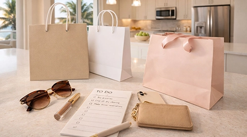 Shopping bags and personal essentials on a refined kitchen counter