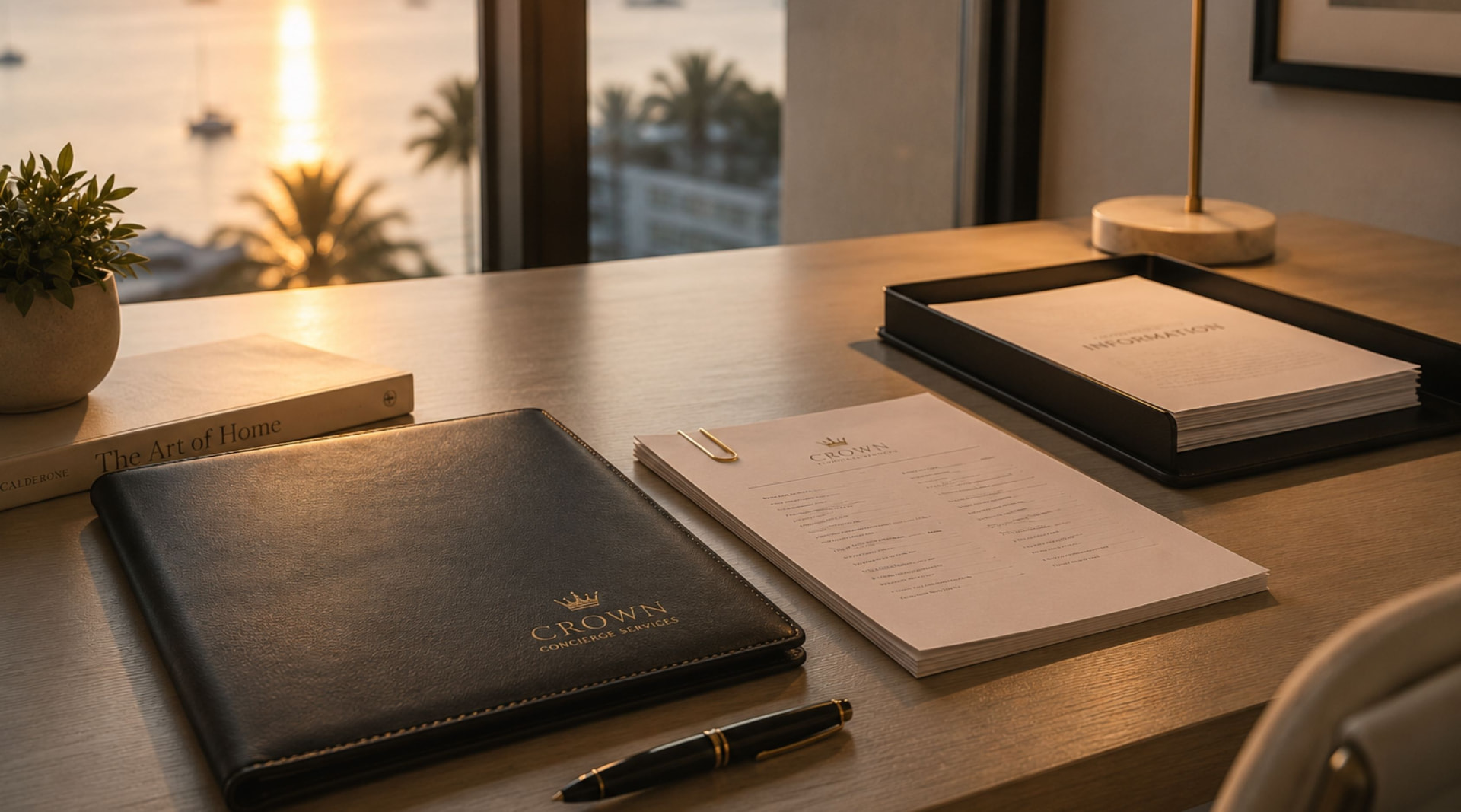Crown Concierge folder and planning materials on a refined desk at sunset
