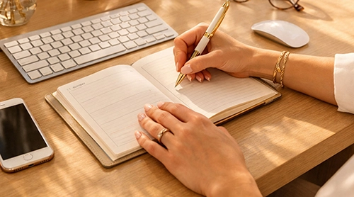 Woman writing in a planner at a refined desk