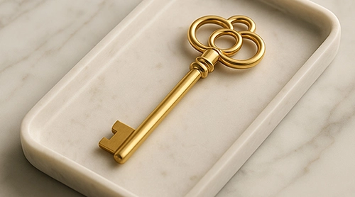 Gold key resting in a marble tray