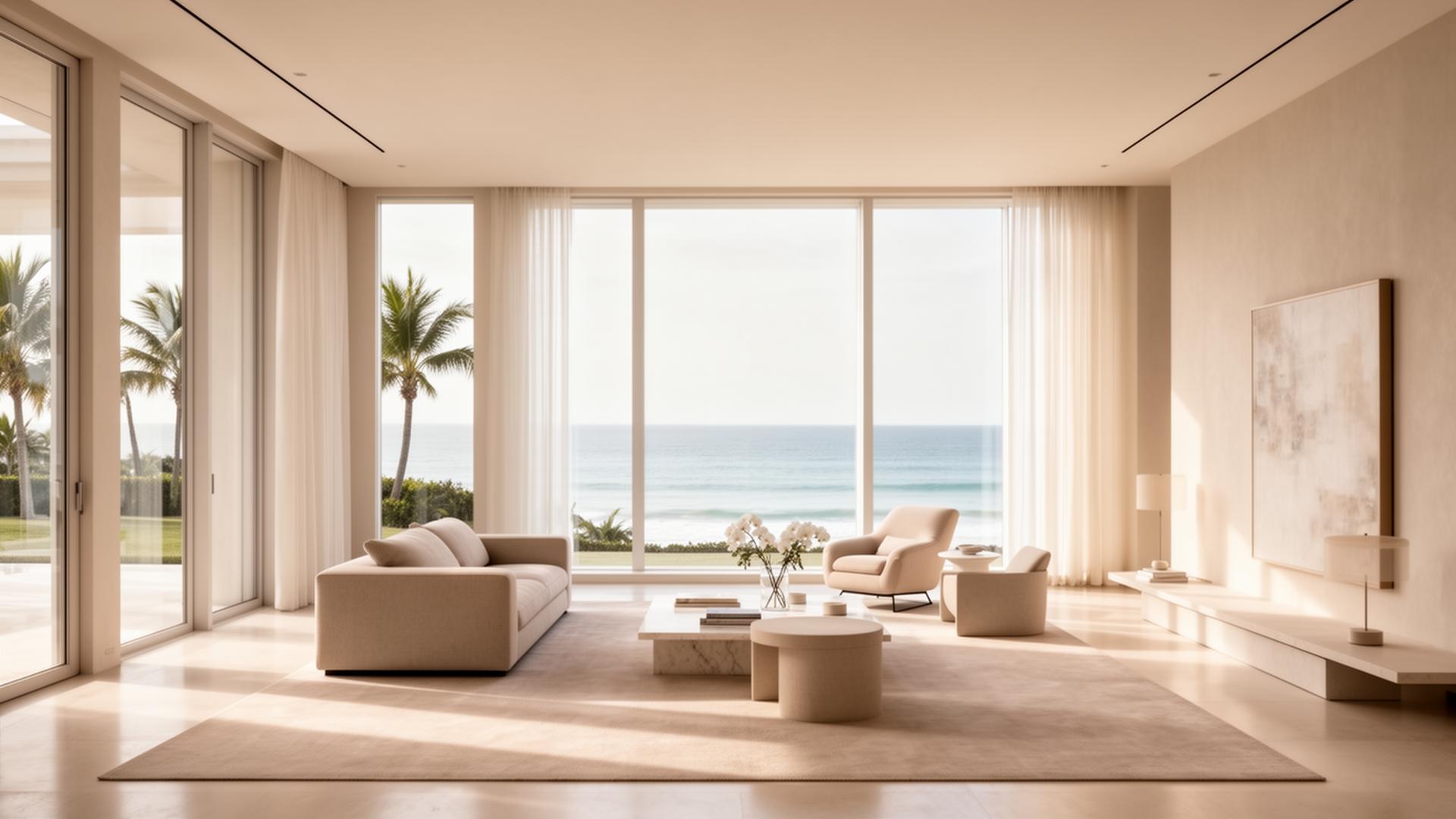Sunlit luxury Florida coastal residence interior with ocean view