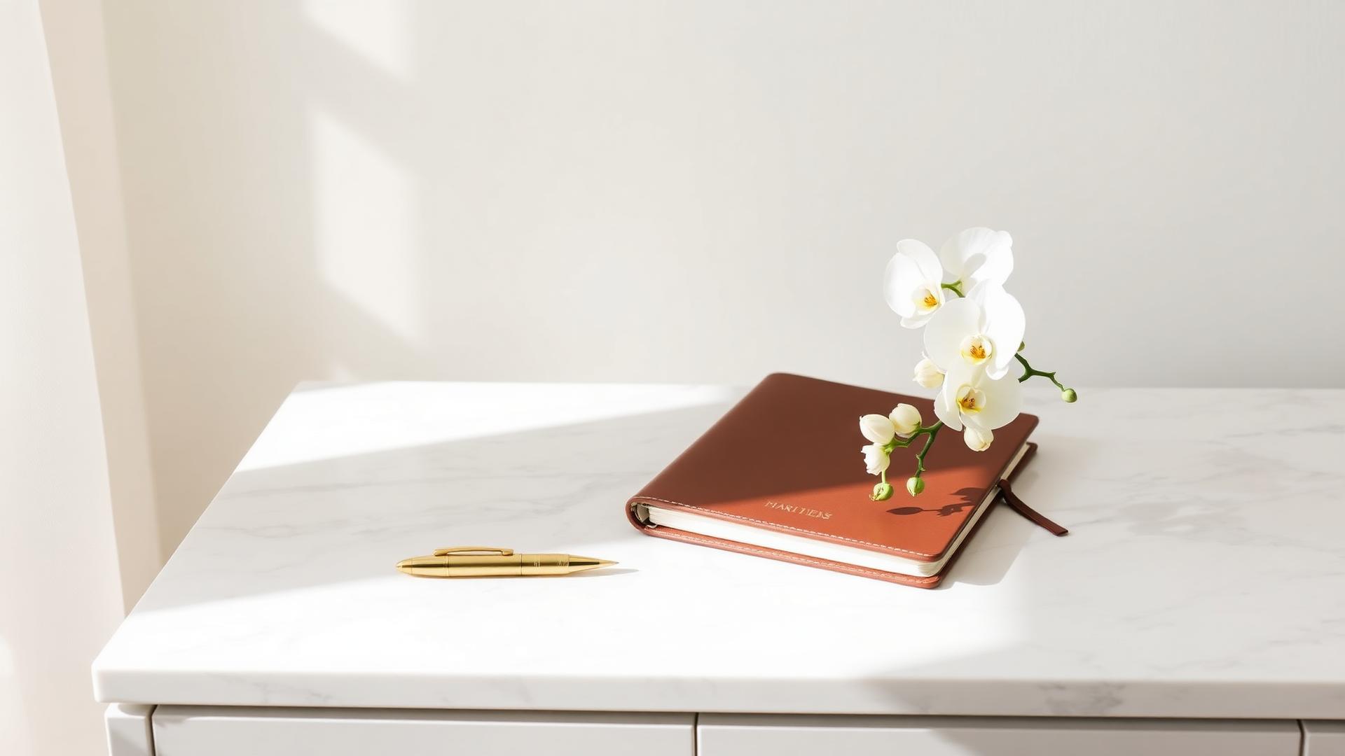 Fountain pen and document on a polished walnut desk in a sunlit Sarasota home